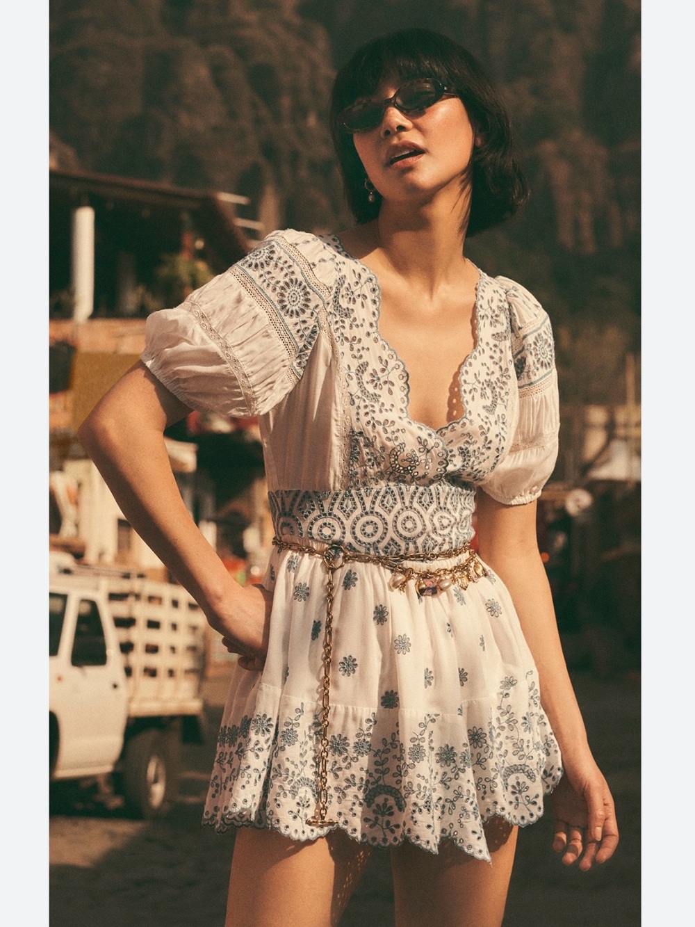 LOVESHACKFANCY Valente White Blue Broiderie Anglais Mini Dress Size 2 $425 RRP